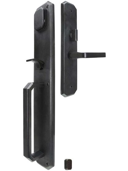 Solid Bronze Angular Thumb-Latch Mortise Entry Set with Alessa Lever Left Handed in Dark Bronze.